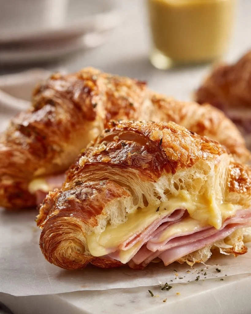 Freshly baked sourdough ham and cheese croissants on a wooden board