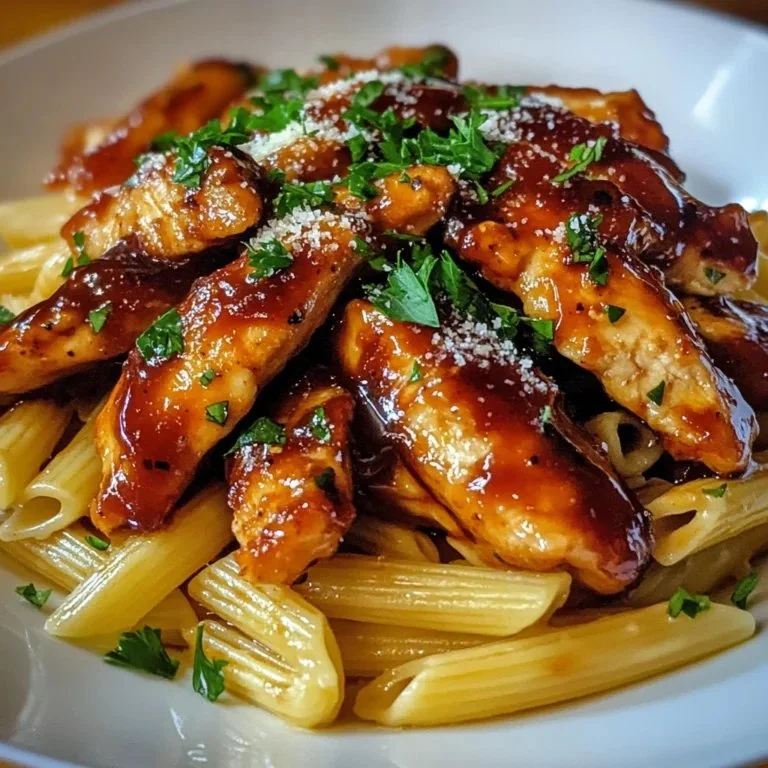 Plate of Sticky Honey BBQ Chicken Pasta garnished with herbs and served with a side salad.