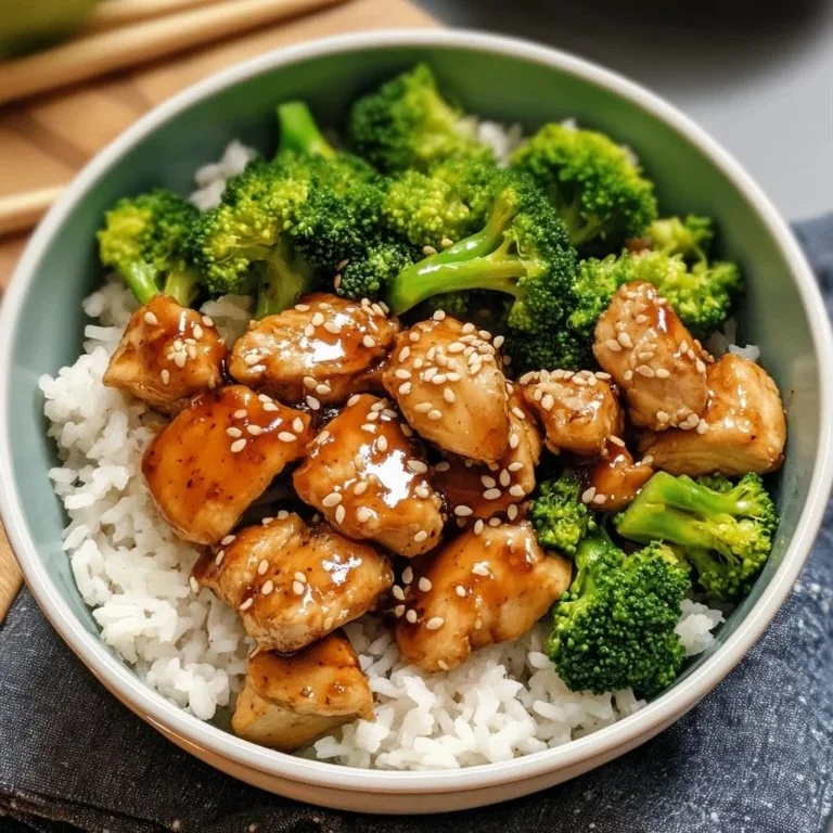 Delicious Sticky Honey Garlic Chicken served over rice in a bowl