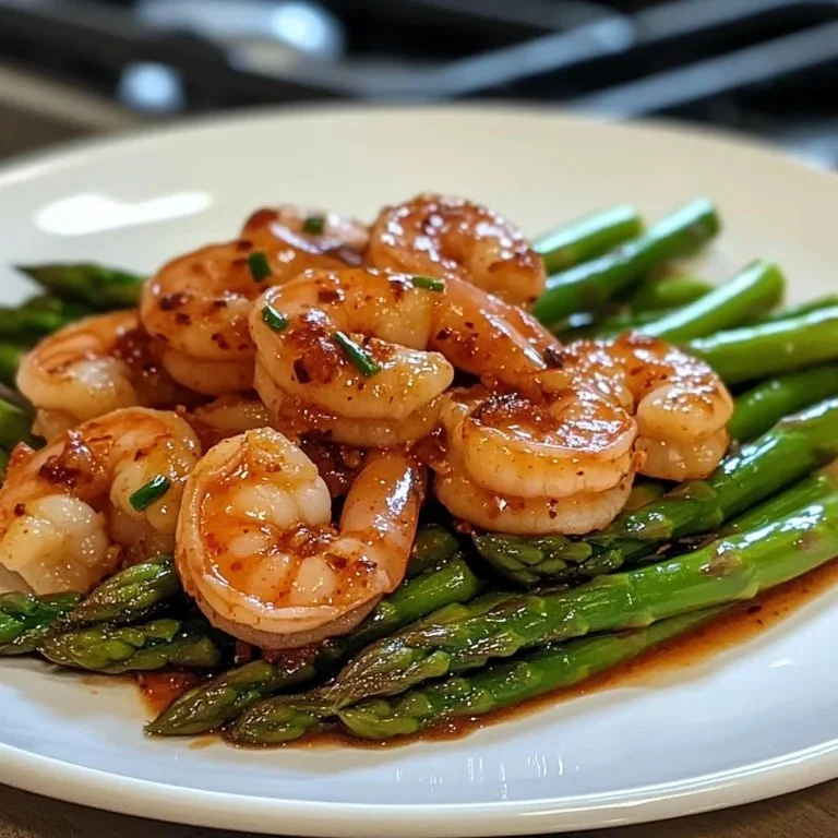 Delicious Sweet Chili Shrimp served with sautéed asparagus on a plate